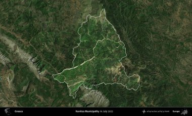 Konitsa Belediyesi. Yunanistan 'ın idari alanı, Temmuz 2022' de çekilen Global Mozaik Sentinel-2 karolarından oluşan koyu renkli bir uydu görüntüsü üzerinde vurgulandı ve özetlendi