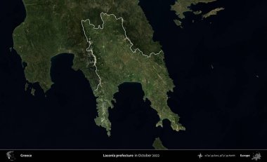 Laconia Bölgesi. Yunanistan 'ın idari alanı, Ekim 2022' de çekilen Global Mozaik Sentinel-2 karolarından oluşan koyu renkli bir uydu görüntüsü üzerinde vurgulandı ve özetlendi