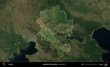 Lagkadas Belediyesi. Yunanistan 'ın idari alanı, Temmuz 2022' de çekilen Global Mozaik Sentinel-2 karolarından oluşan koyu renkli bir uydu görüntüsü üzerinde vurgulandı ve özetlendi