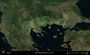 Makedonya ve Trakya. Yunanistan 'ın idari alanı, Temmuz 2022' de çekilen Global Mozaik Sentinel-2 karolarından oluşan koyu renkli bir uydu görüntüsü üzerinde vurgulandı ve özetlendi