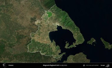 Magnezya Bölgesel Birimi. Yunanistan 'ın idari alanı, Temmuz 2022' de çekilen Global Mozaik Sentinel-2 karolarından oluşan koyu renkli bir uydu görüntüsü üzerinde vurgulandı ve özetlendi