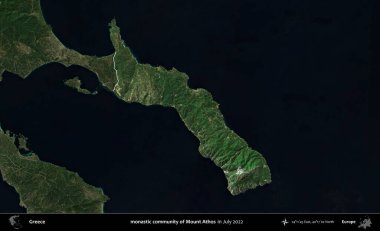 Athos Dağı 'nın manastır topluluğu. Yunanistan 'ın idari alanı, Temmuz 2022' de çekilen Global Mozaik Sentinel-2 karolarından oluşan koyu renkli bir uydu görüntüsü üzerinde vurgulandı ve özetlendi