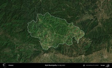 Myki Belediyesi. Yunanistan 'ın idari alanı, Temmuz 2022' de çekilen Global Mozaik Sentinel-2 karolarından oluşan koyu renkli bir uydu görüntüsü üzerinde vurgulandı ve özetlendi