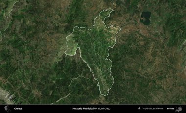 Nestorio Belediyesi. Yunanistan 'ın idari alanı, Temmuz 2022' de çekilen Global Mozaik Sentinel-2 karolarından oluşan koyu renkli bir uydu görüntüsü üzerinde vurgulandı ve özetlendi