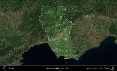 Nestos Belediyesi. Yunanistan 'ın idari alanı, Temmuz 2022' de çekilen Global Mozaik Sentinel-2 karolarından oluşan koyu renkli bir uydu görüntüsü üzerinde vurgulandı ve özetlendi