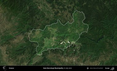 Kato Nevrokopi Belediyesi. Yunanistan 'ın idari alanı, Temmuz 2022' de çekilen Global Mozaik Sentinel-2 karolarından oluşan koyu renkli bir uydu görüntüsü üzerinde vurgulandı ve özetlendi