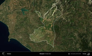Olympia. Yunanistan 'ın idari alanı, Temmuz 2022' de çekilen Global Mozaik Sentinel-2 karolarından oluşan koyu renkli bir uydu görüntüsü üzerinde vurgulandı ve özetlendi