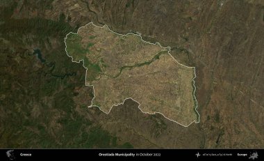 Orestiada Belediyesi. Yunanistan 'ın idari alanı, Ekim 2022' de çekilen Global Mozaik Sentinel-2 karolarından oluşan koyu renkli bir uydu görüntüsü üzerinde vurgulandı ve özetlendi