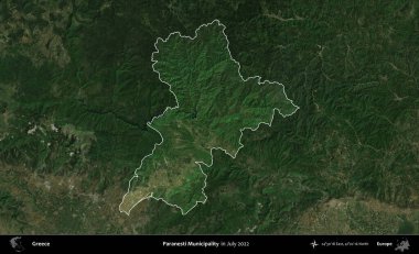 Paranesti Belediyesi. Yunanistan 'ın idari alanı, Temmuz 2022' de çekilen Global Mozaik Sentinel-2 karolarından oluşan koyu renkli bir uydu görüntüsü üzerinde vurgulandı ve özetlendi