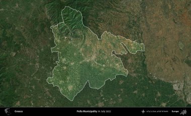Pella Belediyesi. Yunanistan 'ın idari alanı, Temmuz 2022' de çekilen Global Mozaik Sentinel-2 karolarından oluşan koyu renkli bir uydu görüntüsü üzerinde vurgulandı ve özetlendi