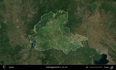 Pella Bölgesel Birimi. Yunanistan 'ın idari alanı, Temmuz 2022' de çekilen Global Mozaik Sentinel-2 karolarından oluşan koyu renkli bir uydu görüntüsü üzerinde vurgulandı ve özetlendi