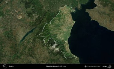 Pieria Bölgesi. Yunanistan 'ın idari alanı, Temmuz 2022' de çekilen Global Mozaik Sentinel-2 karolarından oluşan koyu renkli bir uydu görüntüsü üzerinde vurgulandı ve özetlendi