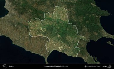 Poligyros Belediyesi. Yunanistan 'ın idari alanı, Temmuz 2022' de çekilen Global Mozaik Sentinel-2 karolarından oluşan koyu renkli bir uydu görüntüsü üzerinde vurgulandı ve özetlendi
