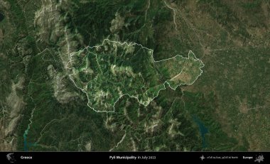Pyli Belediyesi. Yunanistan 'ın idari alanı, Temmuz 2022' de çekilen Global Mozaik Sentinel-2 karolarından oluşan koyu renkli bir uydu görüntüsü üzerinde vurgulandı ve özetlendi