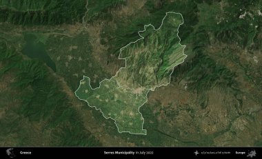 Serres Belediyesi. Yunanistan 'ın idari alanı, Temmuz 2022' de çekilen Global Mozaik Sentinel-2 karolarından oluşan koyu renkli bir uydu görüntüsü üzerinde vurgulandı ve özetlendi