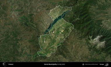 Servia Belediyesi. Yunanistan 'ın idari alanı, Temmuz 2022' de çekilen Global Mozaik Sentinel-2 karolarından oluşan koyu renkli bir uydu görüntüsü üzerinde vurgulandı ve özetlendi