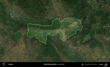 Sintiki Belediyesi. Yunanistan 'ın idari alanı, Temmuz 2022' de çekilen Global Mozaik Sentinel-2 karolarından oluşan koyu renkli bir uydu görüntüsü üzerinde vurgulandı ve özetlendi