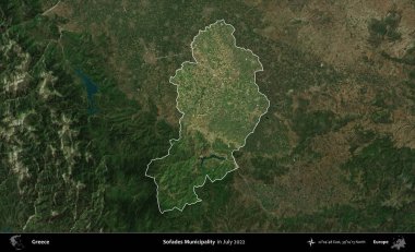 Sofades Belediyesi. Yunanistan 'ın idari alanı, Temmuz 2022' de çekilen Global Mozaik Sentinel-2 karolarından oluşan koyu renkli bir uydu görüntüsü üzerinde vurgulandı ve özetlendi