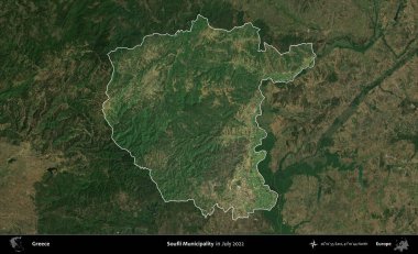 Soufli Belediyesi. Yunanistan 'ın idari alanı, Temmuz 2022' de çekilen Global Mozaik Sentinel-2 karolarından oluşan koyu renkli bir uydu görüntüsü üzerinde vurgulandı ve özetlendi