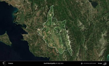 Souli Belediyesi. Yunanistan 'ın idari alanı, Temmuz 2022' de çekilen Global Mozaik Sentinel-2 karolarından oluşan koyu renkli bir uydu görüntüsü üzerinde vurgulandı ve özetlendi