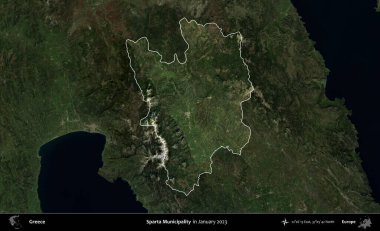 Sparta Belediyesi. Yunanistan 'ın idari alanı, Ocak 2023' te çekilen Global Mozaik Sentinel-2 karolarından oluşan koyu renkli bir uydu görüntüsü üzerinde vurgulandı ve özetlendi