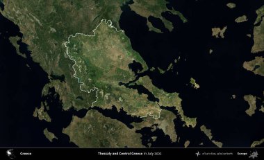 Teselya ve Orta Yunanistan. Yunanistan 'ın idari alanı, Temmuz 2022' de çekilen Global Mozaik Sentinel-2 karolarından oluşan koyu renkli bir uydu görüntüsü üzerinde vurgulandı ve özetlendi