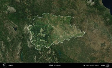 Trikala. Yunanistan 'ın idari alanı, Temmuz 2022' de çekilen Global Mozaik Sentinel-2 karolarından oluşan koyu renkli bir uydu görüntüsü üzerinde vurgulandı ve özetlendi