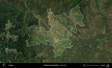 Trikkaion Belediyesi. Yunanistan 'ın idari alanı, Temmuz 2022' de çekilen Global Mozaik Sentinel-2 karolarından oluşan koyu renkli bir uydu görüntüsü üzerinde vurgulandı ve özetlendi