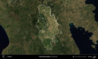 Trablus Belediyesi. Yunanistan 'ın idari alanı, Temmuz 2022' de çekilen Global Mozaik Sentinel-2 karolarından oluşan koyu renkli bir uydu görüntüsü üzerinde vurgulandı ve özetlendi