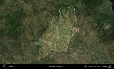 Tyrnavos. Yunanistan 'ın idari alanı, Temmuz 2022' de çekilen Global Mozaik Sentinel-2 karolarından oluşan koyu renkli bir uydu görüntüsü üzerinde vurgulandı ve özetlendi