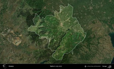 Veria. Yunanistan 'ın idari alanı, Temmuz 2022' de çekilen Global Mozaik Sentinel-2 karolarından oluşan koyu renkli bir uydu görüntüsü üzerinde vurgulandı ve özetlendi
