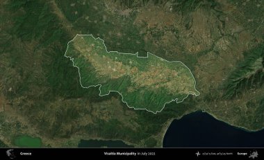 Visaltia Belediyesi. Yunanistan 'ın idari alanı, Temmuz 2022' de çekilen Global Mozaik Sentinel-2 karolarından oluşan koyu renkli bir uydu görüntüsü üzerinde vurgulandı ve özetlendi