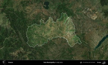 Voio Belediyesi. Yunanistan 'ın idari alanı, Temmuz 2022' de çekilen Global Mozaik Sentinel-2 karolarından oluşan koyu renkli bir uydu görüntüsü üzerinde vurgulandı ve özetlendi