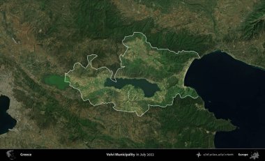 Volvi Belediyesi. Yunanistan 'ın idari alanı, Temmuz 2022' de çekilen Global Mozaik Sentinel-2 karolarından oluşan koyu renkli bir uydu görüntüsü üzerinde vurgulandı ve özetlendi