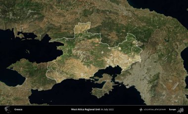 Batı Attica Bölgesel Birimi. Yunanistan 'ın idari alanı, Temmuz 2022' de çekilen Global Mozaik Sentinel-2 karolarından oluşan koyu renkli bir uydu görüntüsü üzerinde vurgulandı ve özetlendi