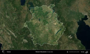 Batı Makedonya. Yunanistan 'ın idari alanı, Temmuz 2022' de çekilen Global Mozaik Sentinel-2 karolarından oluşan koyu renkli bir uydu görüntüsü üzerinde vurgulandı ve özetlendi