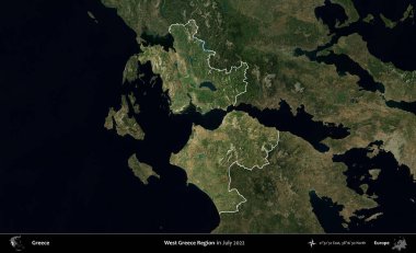 Batı Yunanistan Bölgesi. Yunanistan 'ın idari alanı, Temmuz 2022' de çekilen Global Mozaik Sentinel-2 karolarından oluşan koyu renkli bir uydu görüntüsü üzerinde vurgulandı ve özetlendi