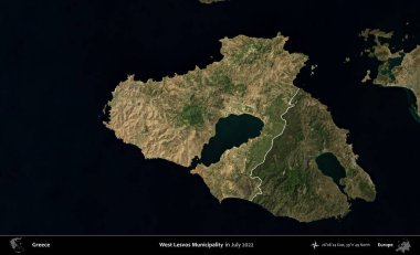 Batı Lesvos Belediyesi. Yunanistan 'ın idari alanı, Temmuz 2022' de çekilen Global Mozaik Sentinel-2 karolarından oluşan koyu renkli bir uydu görüntüsü üzerinde vurgulandı ve özetlendi
