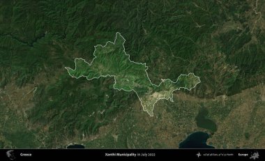 Xanthi Belediyesi. Yunanistan 'ın idari alanı, Temmuz 2022' de çekilen Global Mozaik Sentinel-2 karolarından oluşan koyu renkli bir uydu görüntüsü üzerinde vurgulandı ve özetlendi