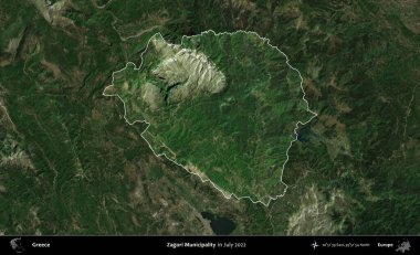 Zagori Belediyesi. Yunanistan 'ın idari alanı, Temmuz 2022' de çekilen Global Mozaik Sentinel-2 karolarından oluşan koyu renkli bir uydu görüntüsü üzerinde vurgulandı ve özetlendi