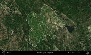 Zitsa Belediyesi. Yunanistan 'ın idari alanı, Temmuz 2022' de çekilen Global Mozaik Sentinel-2 karolarından oluşan koyu renkli bir uydu görüntüsü üzerinde vurgulandı ve özetlendi