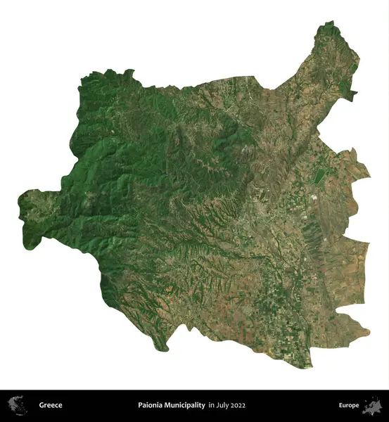 Paionia Belediyesi. Yunanistan idari bölgesi, Temmuz 2022 'de çekilen Global Mozaik Sentinel-2 karolarından oluşan bir uydu görüntüsü üzerinde beyaza izole edildi