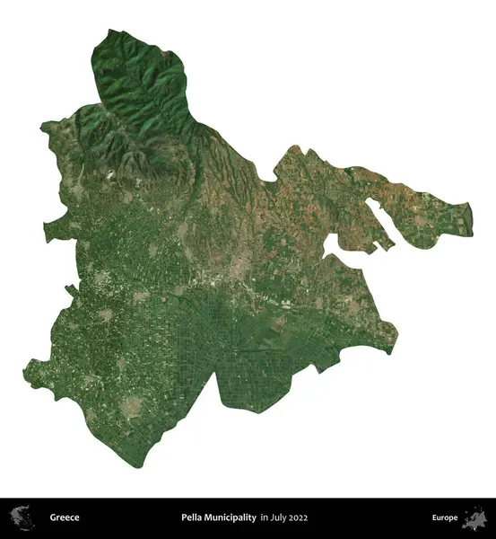 Pella Belediyesi. Yunanistan idari bölgesi, Temmuz 2022 'de çekilen Global Mozaik Sentinel-2 karolarından oluşan bir uydu görüntüsü üzerinde beyaza izole edildi