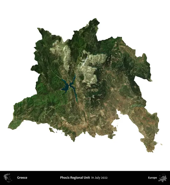 Focis Bölgesel Birimi. Yunanistan idari bölgesi, Temmuz 2022 'de çekilen Global Mozaik Sentinel-2 karolarından oluşan bir uydu görüntüsü üzerinde beyaza izole edildi