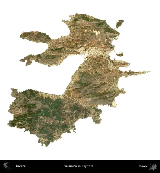 Salamina. Yunanistan idari bölgesi, Temmuz 2022 'de çekilen Global Mozaik Sentinel-2 karolarından oluşan bir uydu görüntüsü üzerinde beyaza izole edildi