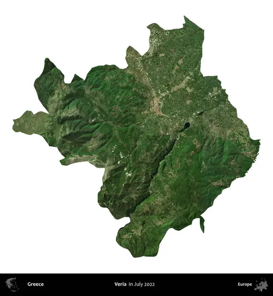 Veria. Yunanistan idari bölgesi, Temmuz 2022 'de çekilen Global Mozaik Sentinel-2 karolarından oluşan bir uydu görüntüsü üzerinde beyaza izole edildi