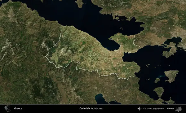 Korinthia 'da. Yunanistan 'ın idari alanı, Temmuz 2022' de çekilen Global Mozaik Sentinel-2 karolarından oluşan koyu renkli bir uydu görüntüsü üzerinde vurgulandı ve özetlendi