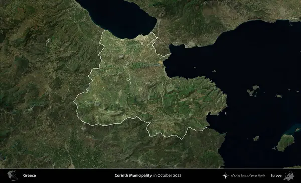 Corinth Belediyesi. Yunanistan 'ın idari alanı, Ekim 2022' de çekilen Global Mozaik Sentinel-2 karolarından oluşan koyu renkli bir uydu görüntüsü üzerinde vurgulandı ve özetlendi
