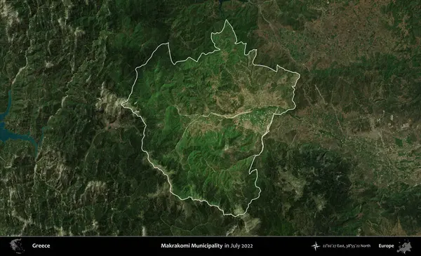Makrakomi Belediyesi. Yunanistan 'ın idari alanı, Temmuz 2022' de çekilen Global Mozaik Sentinel-2 karolarından oluşan koyu renkli bir uydu görüntüsü üzerinde vurgulandı ve özetlendi