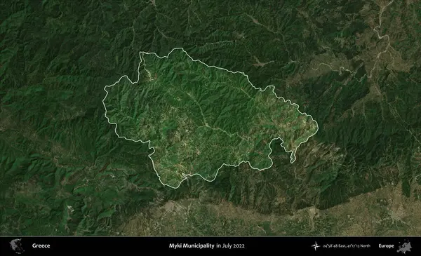 Myki Belediyesi. Yunanistan 'ın idari alanı, Temmuz 2022' de çekilen Global Mozaik Sentinel-2 karolarından oluşan koyu renkli bir uydu görüntüsü üzerinde vurgulandı ve özetlendi
